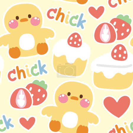 Illustration for Seamless pattern of cute chick sit with strawberry cake on pastel background.Farm animal character design.Baby clothing.Kawaii.Vector.Illustration. - Royalty Free Image