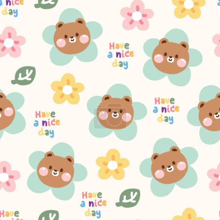 Illustration for Seamless pattern of cute face bear flower head with leaf background.Wild animal character cartoon design.Baby clothing.Floral.Nature.Kawaii.Vector.Illustration. - Royalty Free Image