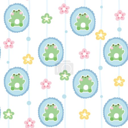 Illustration for Seamless pattern of cute frog in frame with flower on white background.Floral.Reptile animal character cartoon design.Baby clothing.Kawaii.Vector.Illustration. - Royalty Free Image