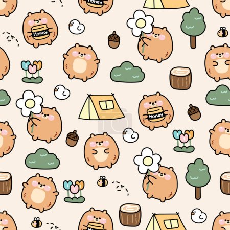 Illustration for Seamless pattern of cute chubby bear in various poses in wild concept background.Fat animal chracter cartoon design.Camping.Baby clothing.Kawaii.Vector.Illustration. - Royalty Free Image
