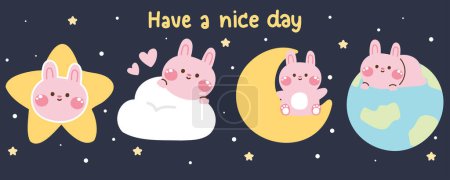 Illustration for Set of cute rabbit in various poses in night sky concept.Pet animal character cartoon design.Star,cloud,moon,the earth hand drawn.Bunny.Kawaii.Vector.Illustration. - Royalty Free Image
