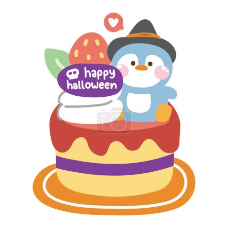 Illustration for Cute penguin witch sit on strawberry cake halloween concept.Bakery.Sweet and dessert cartoon deisgn.Bird animal.Festival.Holiday.Horror.Kawaii.Vector.Illustration. - Royalty Free Image