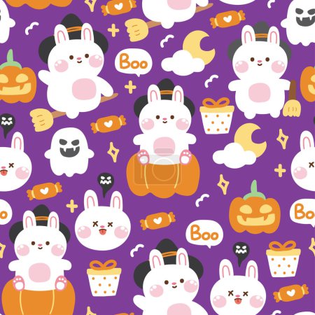 Illustration for Seamless pattern of cute rabbit witch on purple background.Halloween festival concept.Bunny character cartoon design.Pet animal.Ghost,pumpkin,candy,moon hand drawn.Kawaii.Vector.Illustration. - Royalty Free Image