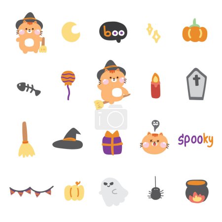 Illustration for Set of cute icon cat witch in halloween concept.Festival.Autumn. - Royalty Free Image