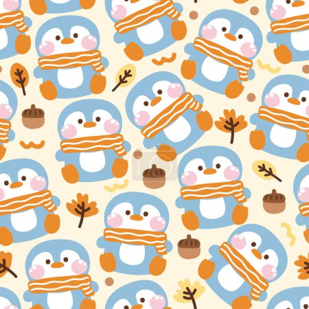 Illustration for Seamless pattern of cute penguin wear scarf with autumn leaf and acorn background.Fall and winter season concept.Bird animal character cartoon design.Kawaii.Vector.Illustration. - Royalty Free Image