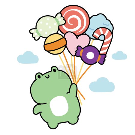 Illustration for Cute frog hold candy balloon on sky background.Reptile animal character cartoon design.Sweet and dessert.Kawaii.Vector.Illustration. - Royalty Free Image