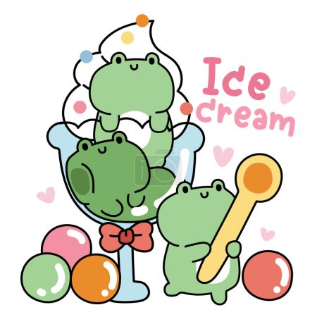 Illustration for Cute frog ice cream green tea flavor in glass with candy.Reptile animal character cartoon design.Sweet and dessert.Heart.Kawaii.Vector.Illustration. - Royalty Free Image