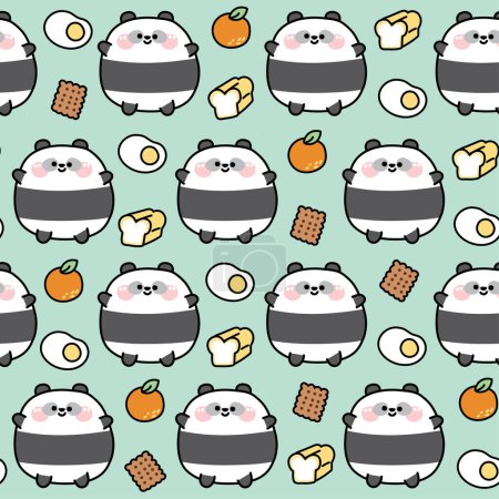 Illustration for Seamless pattern of cute fat panda bear with food icon on pastel background.Chubby pet animal funny character cartoon design.Baby clothing.Fried eeg,orange,bread,crackers.Kawaii.Vector.Illustration. - Royalty Free Image