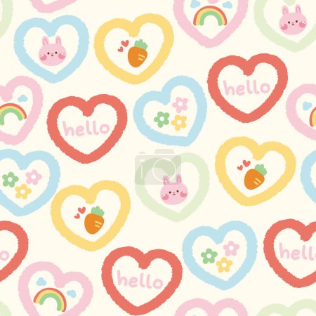 Illustration for Seamless pattern of cute rabbit face and tiny icon in heart shape frame on pastel background.Rodent animal hand drawn.Image for card,poster,baby clothing.Kawaii.Vector.Illustration. - Royalty Free Image