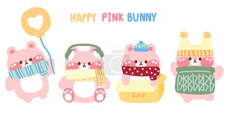 Illustration for Set of cute bunny doll various poses in winter and autumn concept.Rodent animal character cartoon design.Merry christmas.Rabbit.Baby clothing.Kawaii.Vetor.Illustration. - Royalty Free Image