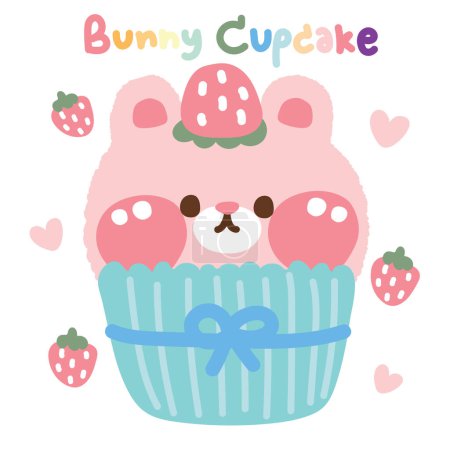 Illustration for Cute Bunny head strawberry cupcake on white background.Sweet and dessert.Bakery.Rodent animal cartoon character design.Image for card,poster,baby product.Rabbit.Kawaii.Vector.Illustration. - Royalty Free Image