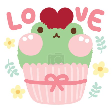 Illustration for Cute frog head with heart cupcake on white background.Sweet and dessert.Bakery.Reptile animal cartoon character design.Image for card,poster,baby product.Flower and leaf pastel.Vector.Illustration. - Royalty Free Image