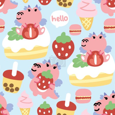 Illustration for Seamless pattern of cute dragon with dessert on pastel background.Jurassic animal character design.Strawberry,cake,macaron,sweet,bubble milk tea hand drawn.Baby clothing.Kawaii.Vector.Illustration. - Royalty Free Image