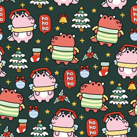 Illustration for Seamless pattern of cute dragon in winter concept with hohoho text green background.Merry christmas.Jurassic animal character cartoon design.Sock,Christmas tree,holly hand drawn.Vector.Illustration. - Royalty Free Image