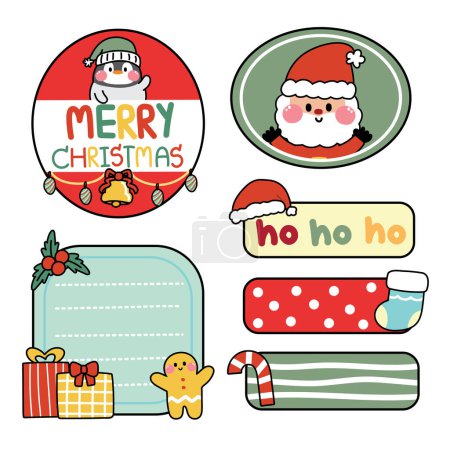 Illustration for Set of cute icon tag cartoon merry christmas concept.Happy new year.Penguin animal.Santa.Winter.Image for card,poster,sticker,stationary decorated.Kawaii.Vector.Illustration - Royalty Free Image