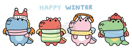 Illustration for Set of cute dragon in winter clothing.Merry christmas.Jurassic animal character cartoon design collection.Cold.Kawaii.Vector.Illustration. - Royalty Free Image