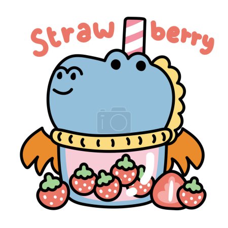 Illustration for Cute blue dragon bubble strawberry milk tea with on white background.Jurassic animal character cartoon design.Sweet drinking.Fruit.Kawaii.Vector.Illustration. - Royalty Free Image