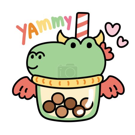 Illustration for Cute green dragon bubble milk tea with yummy text and heart on white background.Jurassic animal character cartoon design.Sweet drinking.Kawaii.Vector.Illustration. - Royalty Free Image