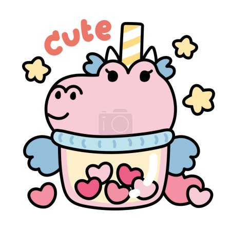 Illustration for Cute pink dragon face with heart shape bubble milk tea cup on white background.Jurassic animal character cartoon design.Sweet drinking.Kawaii.Vector.Illustration. - Royalty Free Image