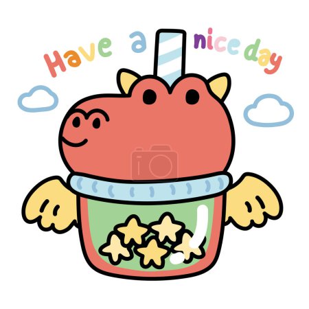 Illustration for Cute red dragon face cup star shape bubble milk green tea with have a nice day text on white background.Jurassic animal character cartoon design.Sweet drinking.Kawaii.Vector.Illustration. - Royalty Free Image