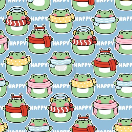 Illustration for Seamless pattern of cute chubby frog in winter clothing with happy text on blue background.Reptile animal character cartoon design.Image forcard,poster,baby clothing, christmas.Vector.Illustration - Royalty Free Image