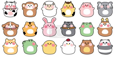 Illustration for Set of cute chubby animals doll.Fat animal cartoon character design collection.Zoo.Farm.Pet.Wild.Reptile.Rodent.Kawaii.Vector.Illustration. - Royalty Free Image