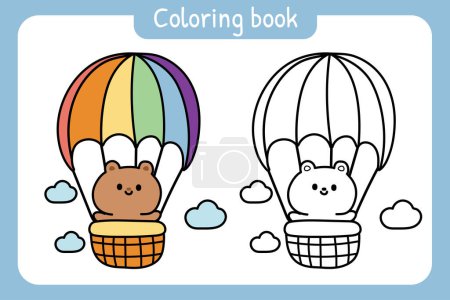 Illustration for Coloring book.Painting book for kid.Cute teddy bear stay in balloon on sky background.Wild animal character cartoon design.School student.Art.Kawaii.Vector.Illustration. - Royalty Free Image