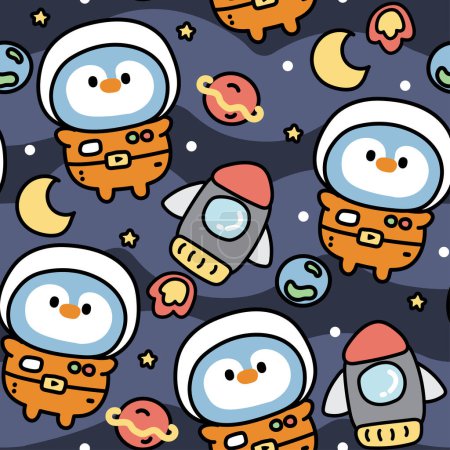 Illustration for Seamless pattern of cute penguin astronaut with rocket and planet galaxy background.Bird animal chatacter cartoon design.Image for card,poster,baby clothing.Kawaii.Vector.Illustration. - Royalty Free Image