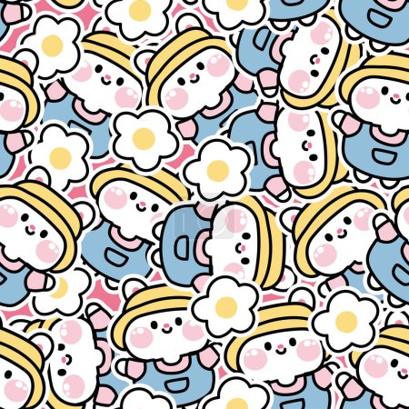 Illustration for Samless pattern of cute rabbit wear hat greeting with flower sticker background.Rodent animal character cartoon design.Image for card,poster,cover book,baby clothing.Kawaii.Vector.Illustration. - Royalty Free Image