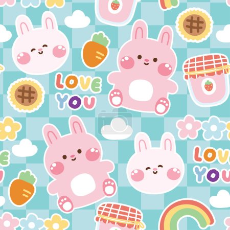 Illustration for Seamles pattern of cute rabbit with various icon on blue background.Rodent animal character cartoon design.Rainbow,carrot,strawberry jam,sunflower,cloud hand drawn.Kawaii.Vector.Illustration. - Royalty Free Image