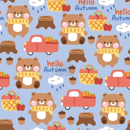Illustration for Seamless pattern of cute teddy bear wear scarf with various autumn  season icon on pastel background.Wild animal character cartoon design.Fall.Acorn,apple,wood,pumpkin,cloud hand drawn.Vector. - Royalty Free Image