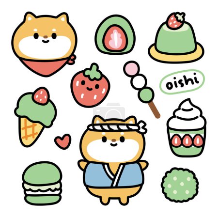 Ilustración de Set de lindo perro shiba inu con varios postres de sabor a té verde japonés y dulce. Colección de diseño de dibujos animados de personajes de mascotas japonesas.. - Imagen libre de derechos