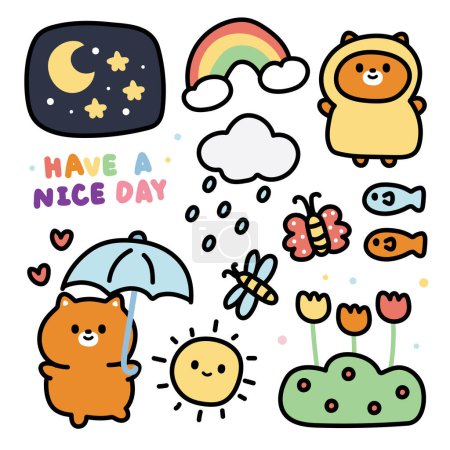Illustration for Set of cute cat with weather icon cartoon concept.Pet animal character collection.Moon,star,rainbow,butterfly,flower,dragonfly hand drawn.Meow lover.Kawaii.Vector.Illustration. - Royalty Free Image