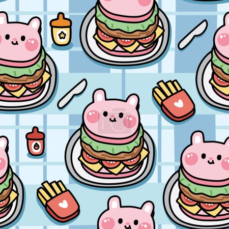 Illustration for Seamless pattern of cute rabbit face hamburger with sauce and french frieds on tablecloth background.Fast food.Rodent bunny animal cartoon.Kawaii.Vetor.Illustration. - Royalty Free Image