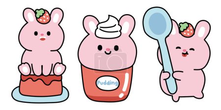 Illustration for Set of cute rabbit in strawberry pudding concept.Sweet and dessert.Rodent animal character cartoon design collection.Bunny.Kawaii.Vector.Illustration. - Royalty Free Image