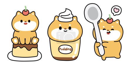 Illustration for Set of cute shiba inu dog in pudding concept.Sweet and dessert.Japanese pet animal character cartoon design collection.Kawaii.Vector.Illustration. - Royalty Free Image