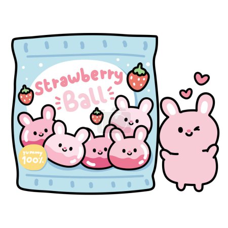 Illustration for Cute sweet dessert in rabbit face shape.Strawberry flavor.Strawberry ball.Rodent animal character cartoon design.Image for card,poster,baby clothing,T-shirt print screen.Kawaii.Vector.Illustration - Royalty Free Image