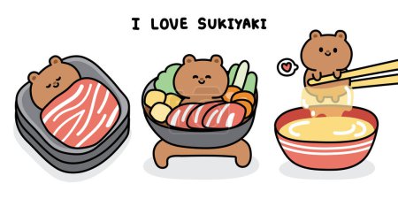 Illustration for Set of cute bear in sukiyaki japanese food concept.Wild animal character cartoon design.Teddy.Meat.Raw fresh egg.Vegetable.Asian meal.Kawaii.Vector.Illustration. - Royalty Free Image