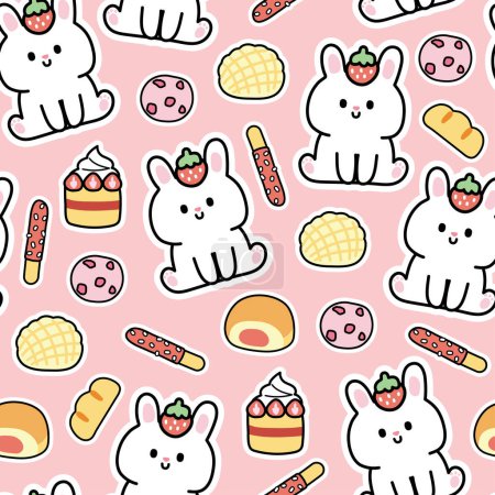 Illustration for Seamless pattern of cute rabbit sit with bakery icon on pink background.Rodent animal character cartoon design.Strawberry,cookies,bread,cake hand drawn.Kawaii.Vector.Illustration. - Royalty Free Image