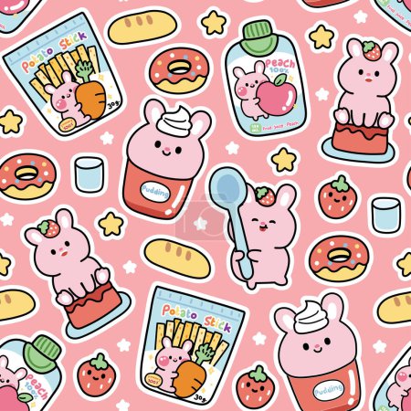 Illustration for Seamless pattern of cute rabbit in dessert and sweet concept background.Rodent animal character cartoon design.Donut,peach juice,pudding,strawberry,cake,bread,star hand drawn.Bunny.Kawaii.Vector. - Royalty Free Image
