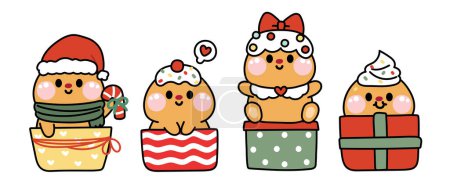 Illustration for Set of cute gingerbread cookie stay in gift box.Merry christmas concept.Winter.Festival.New year.Sweet,dessert,snack hand drawn.Cartoon character design.Kawaii.Vector.Illustration. - Royalty Free Image