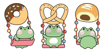 Illustration for Set of cute Frog playing a swing bakery concept design.Reptile animal character cartoon design.Kids toy.Fun time.Donut,Sweet,dessert,bread,candy hand drawn.Kawaii.Vector.Illustration. - Royalty Free Image
