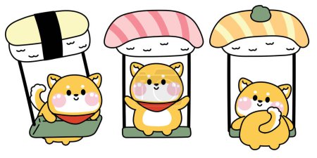 Illustration for Set of cute shiba inu dog playing a swing sushi design.Japanese food.Pet animal character cartoon design.Kids toy.Fun time.Kawaii.Vector.Illustration. - Royalty Free Image