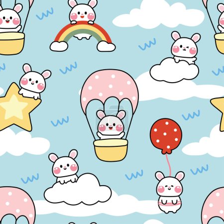 Illustration for Seamless pattern of cute rabbit various poses on sky backgorund.Balloon.Cloud.Rainbow.Star.Rodent animal character.Bunny hand drawn.Easter.Kawaii.Vector.Illustration. - Royalty Free Image