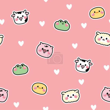 Illustration for Seamless pattern of cute face farm animal with heart background.Head animal character cartoon design.Frog,cow,pig,chicken hand drawn.Baby clothing.Kawaii.Vector.Illustration. - Royalty Free Image