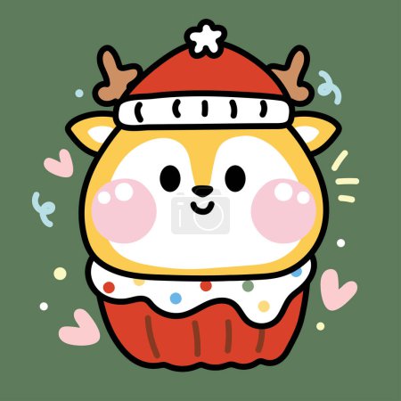 Illustration for Cute deer wear santa hat cupcake in merry christmas concept.Wild animal face charcter cartoon design.Sweet and dessert.Happy new uear.Winter.Kawaii.Vector.Illustration. - Royalty Free Image