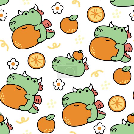 Illustration for Seamless pattern of cute dragon with orange on white background.Chinese animal cartoon.Zodiac.Fruit,flower,tiny icon hand drawn.Baby girl and boy clothing print screen.Kawaii.Vector.illustration. - Royalty Free Image