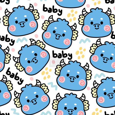 Seamless pattern of cute blue dragon face with baby word on white background.Chinese animal character cartoon design.Zodiac.Baby clothing.Kawaii.Vector.Illustration.