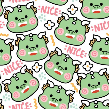 Illustration for Seamless pattern of cute green dragon face with nice word and flower on white background.Chinese animal character cartoon design.Zodiac.Baby clothing.Kawaii.Vector.Illustration - Royalty Free Image