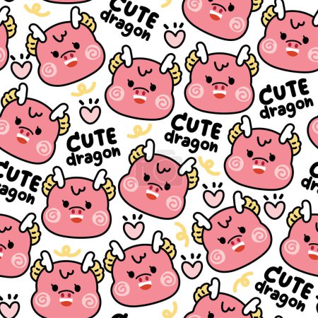 Seamless pattern of cute pink dragon face with word and heart on white background.Chinese animal character cartoon design.Zodiac.Baby clothing.Kawaii.Vector.Illustration.